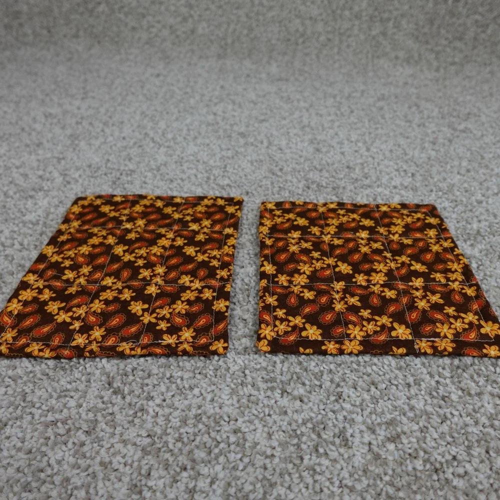 Handmade Quilted Leaf Mug Rugs Set of 2 Brown Fall Floral Cotton Coasters 6x7